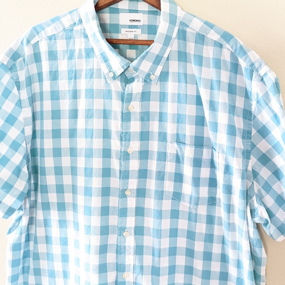 Sonoma Modern Fit Shirt XXL Blue Green White Check Short Sleeve Button Front - Picture 2 of 4